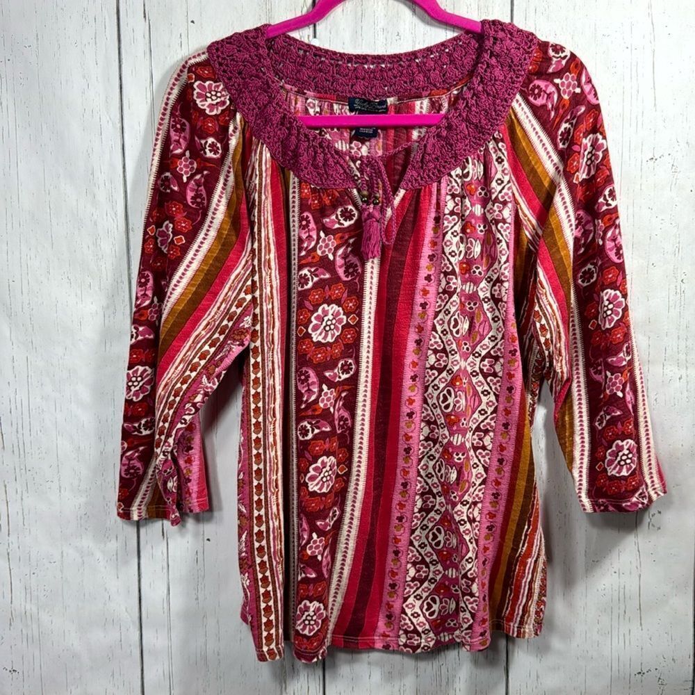 Vintage Boho Cottagecore Peasant Top Crochet Trim Pink XL Hippie Gypsy Festival